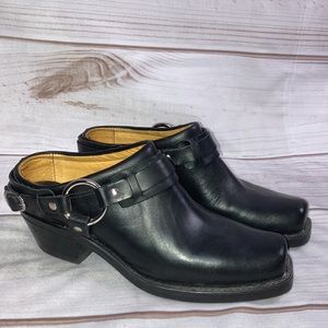 Frye Women Black Genuine Leather Belted Harness Mule Clogs Slip-On - Size 9